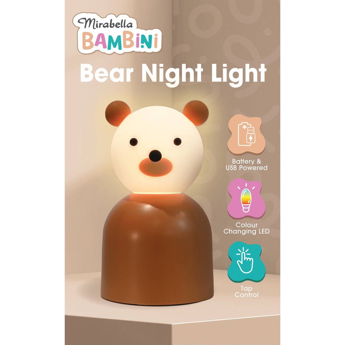 Mirabella Bear Night Light - 90mm x 150mm - Dual Powered - Colour Changing