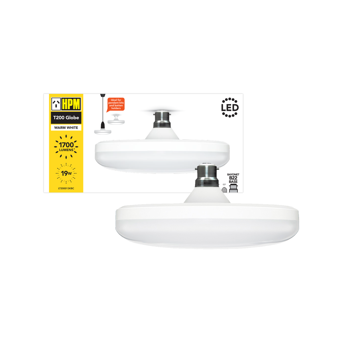 HPM 19W LED Warm White T200 Globe - 200mm - Bayonet B22 - Long Life