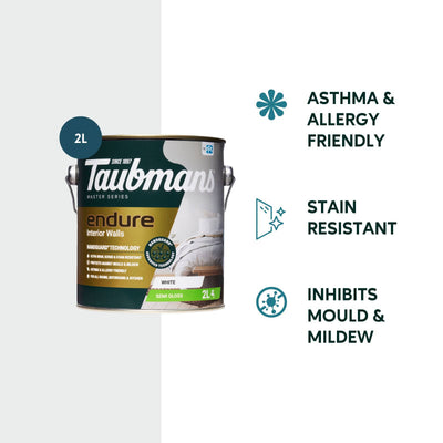 Taubmans 2L White Semi Gloss Endure Interior Walls Paint - Stain Resistant - Low Odour
