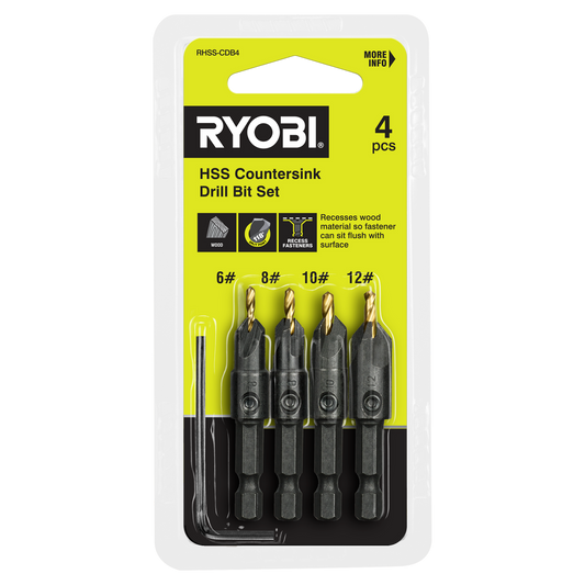 Ryobi Countersink Drill Bit Set - 4 Piece - #6, #8, #10, #12 - 118° Split Point - Auzzistore
