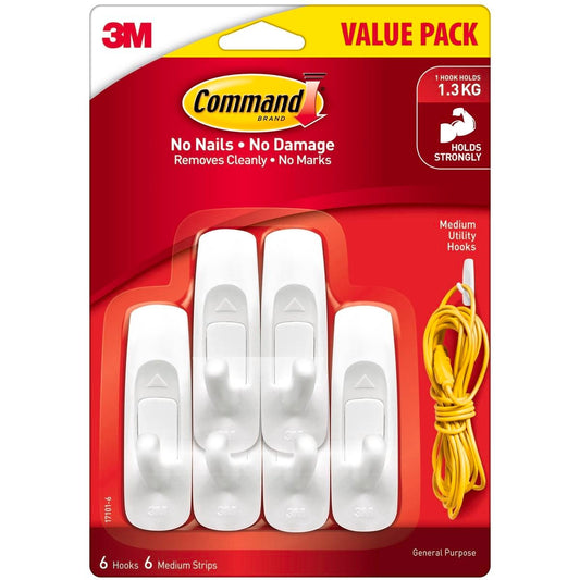 Command Medium Wall Hooks - 25mm x 77mm - Plastic - Damage-Free - 6 Pack