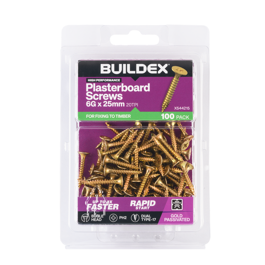 Buildex Plasterboard Screws - 6g x 25mm Gold Passivated - Dual Type 17 Tip - 100 Pack - Auzzistore