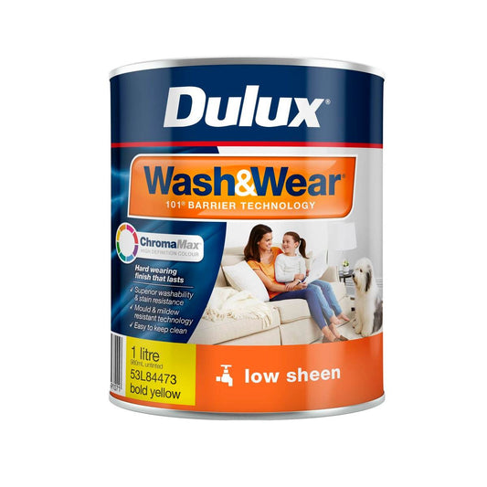 Dulux Interior Paint Wash Wear Low Sheen - Bold Yellow - 1L - 1.41kg - Washable, Stain Resistant - Auzzistore
