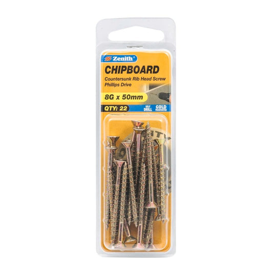 Zenith 8g x 50mm Gold Passivated Countersunk Rib Head Chipboard Screws - 22 Pack - Coarse Thread - Self-Drilling - Auzzistore