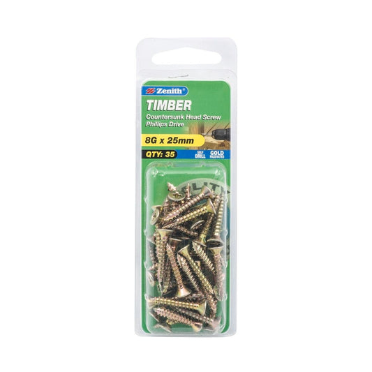 Zenith Timber Screws - 8g x 25mm - Gold Passivated - 35 Pack