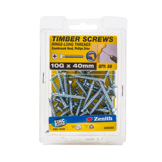 Zenith Hinge Long Thread Screw - 10g x 40mm - Zinc Plated - 50 Pack - Auzzistore