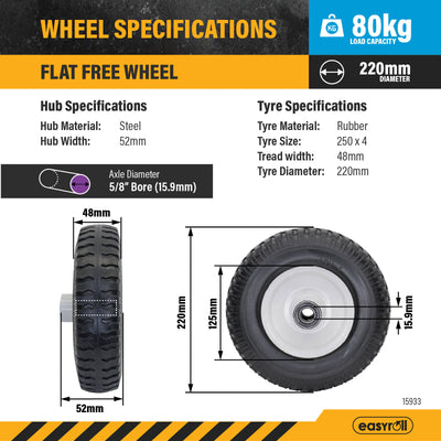 Easyroll 5/8 Inch 250 x 4 Flat Free Wheel - Steel Hub - Puncture Proof