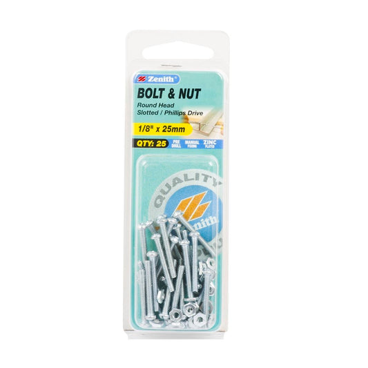 Zenith Round Head Bolt and Nut 1/8 x 25mm Zinc Plated 25 Pack - Auzzistore
