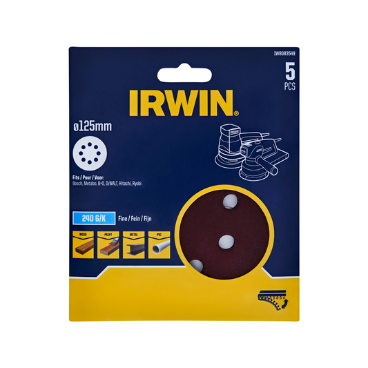 Irwin 125mm Quick Fit Random Orbital Sanding Discs 5 Pack - 240 Grit - Aluminium Oxide - Efficient Sanding - Auzzistore