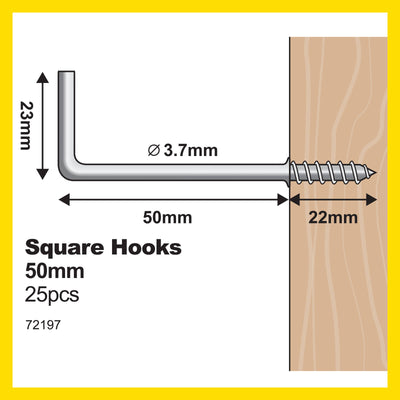Everhang Square Hook - 50mm - Zinc Plated - Light Duty - 25 Pack