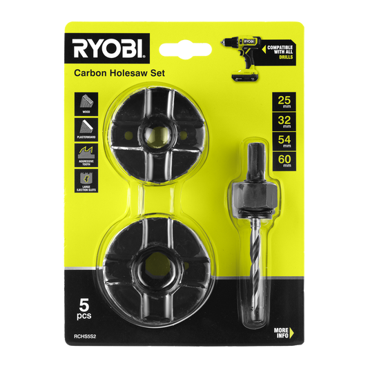 Ryobi 5 Piece Carbon Holesaw Set - 25mm to 60mm - Fast Cutting - RCHS5S2 - Auzzistore
