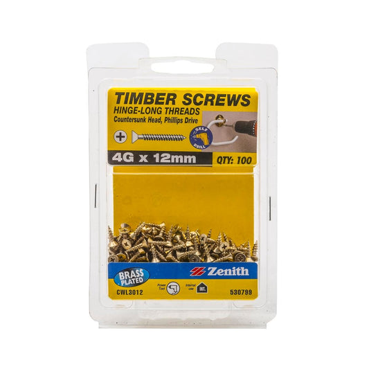 Zenith Hinge Long Thread Screws 12mm Brass Plated 100 Pack - Auzzistore