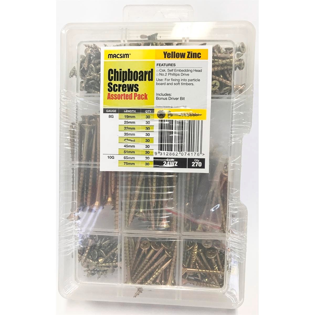 Macsim Chipboard Screw Pack - 270 Pieces - Yellow Zinc - Handy Storage
