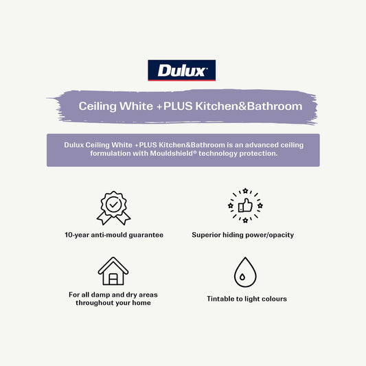 Dulux White Ceiling Plus Kitchen and Bathroom Paint 1L - 1.574kg - Mouldshield Protection - Flat Finish – view 2 - Auzzistore