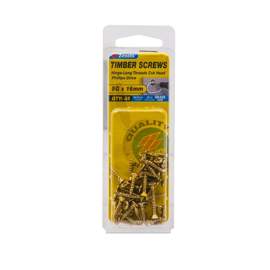Zenith Hinge Long Thread Screws - 5g x 16mm - Brass Plated - 45 Pack - Auzzistore