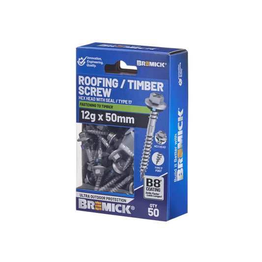 Bremick Hex Roofing Screw 12g x 50mm - B8 Coating - Pack of 50 - Watertight Connection - Auzzistore