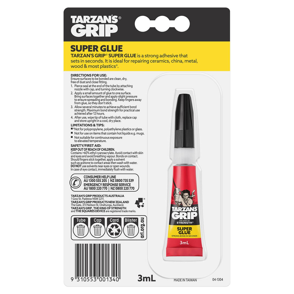 Tarzan S Grip Super Glue 3ml - Fast-Setting Multi-Purpose Adhesive