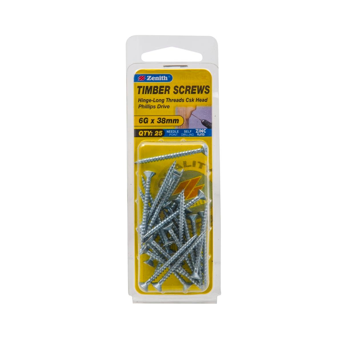 Zenith Zinc Plated 6g x 40mm Countersunk Head Timber Screws 25 Pack