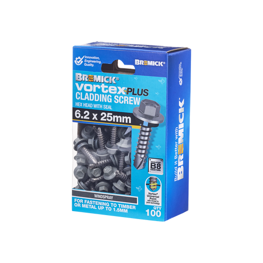 Bremick Vortex Plus Cladding Screw 6.2 x 25mm - Hex Head - Box of 100 - B8 Coating - Watertight Connection - Auzzistore