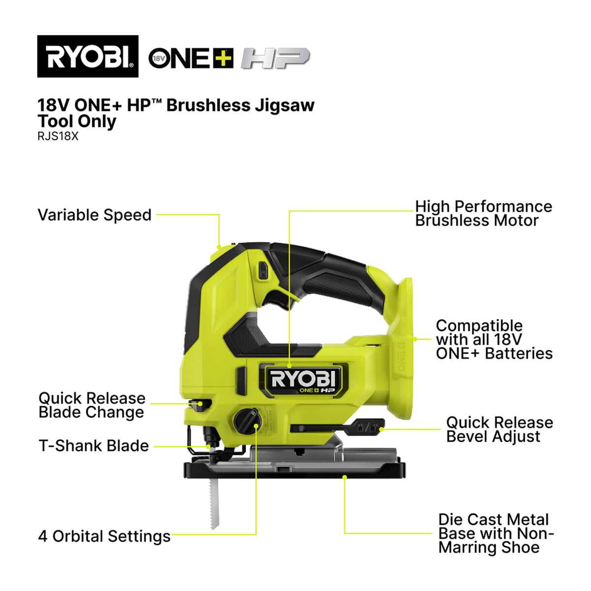 Ryobi Brushless Jigsaw - Tool Only - 18V - Quick Release Blade
