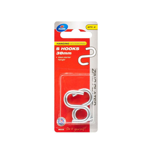 Zenith S Hook - 38mm x 4.3mm - 2 Pack - Zinc Plated - Corrosion Resistant