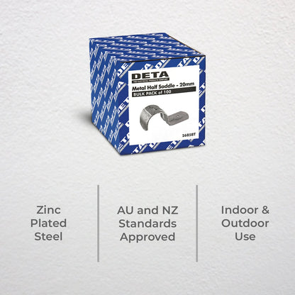 DETA 20mm Metal Conduit Half Saddle 100 Pack Zinc Plated Steel Durable
