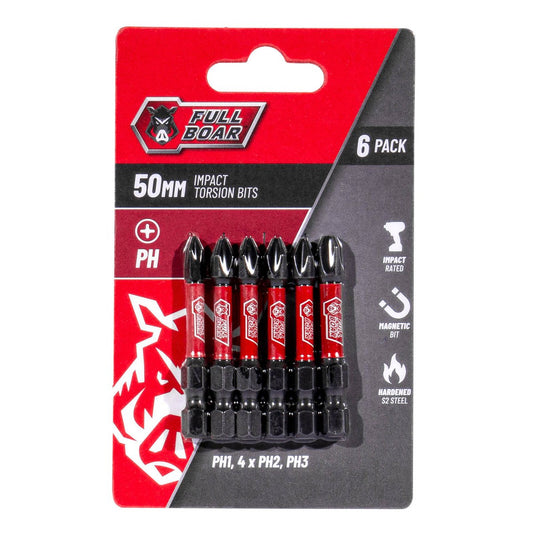 Full Boar Impact Torsion Bit Set - PH x 50mm - 6 Pack - Durable S2 Steel - Auzzistore