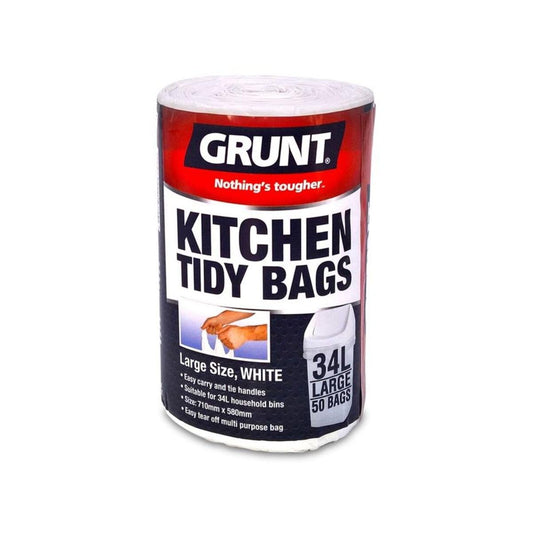 Grunt 34L Kitchen Tidy Bags - 50 Pack - White - Strong - Convenient Handles