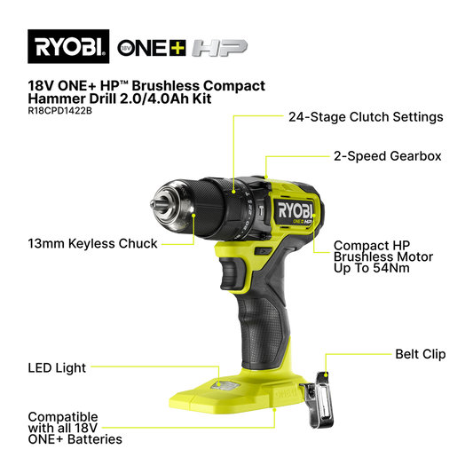 Ryobi 18V ONE+ HP Compact Hammer Drill Kit - 2.0Ah & 4.0Ah Batteries - 54Nm Torque - Lightweight Design – view 2 - Auzzistore