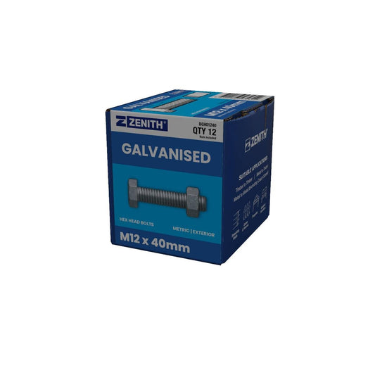 Zenith M12 x 40mm Hot Dip Galvanised Hex Head Bolts and Nuts 12 Pack - Rust Resistant - Strong Grip - Auzzistore