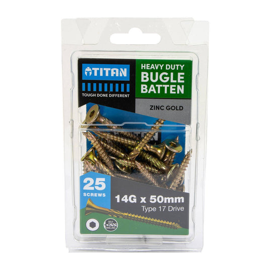 Titan 14g Gold Bugle Batten Screw 25 Pack - 50mm - Zinc - Corrosion Resistant - Auzzistore