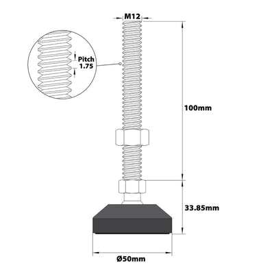 Easyroll 50mm Round Adjustable Foot - Nylon Rubber - 500kg Load Capacity