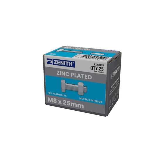 Zenith M8 x 25mm Zinc Plated Hex Head Bolts and Nuts 25 Pack - Durable Fastening Solutions - Auzzistore