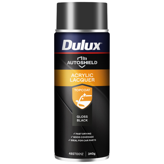 Dulux 340g Black Gloss Autoshield Acrylic Lacquer Spray Paint - Fast-Drying, High-Gloss Finish - Auzzistore