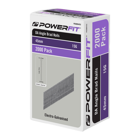 Powerfit 45mm Electro Galvanised DA Angled Brad Nails - 2000 Pack - Corrosion Resistant - 15-Gauge - Auzzistore