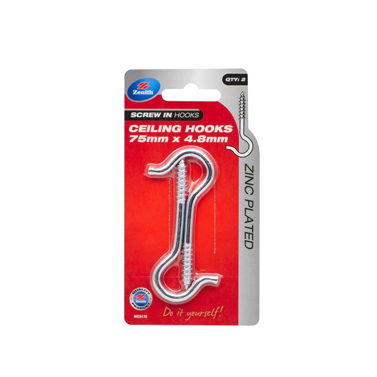 Zenith Ceiling Hook 75mm Zinc Plated Steel Heavy Duty 2 Pack