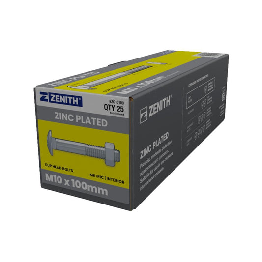 Zenith M10 x 100mm Zinc Plated Cup Head Bolts Nuts 25 Pack - Coarse Thread - Low Profile Design - Auzzistore