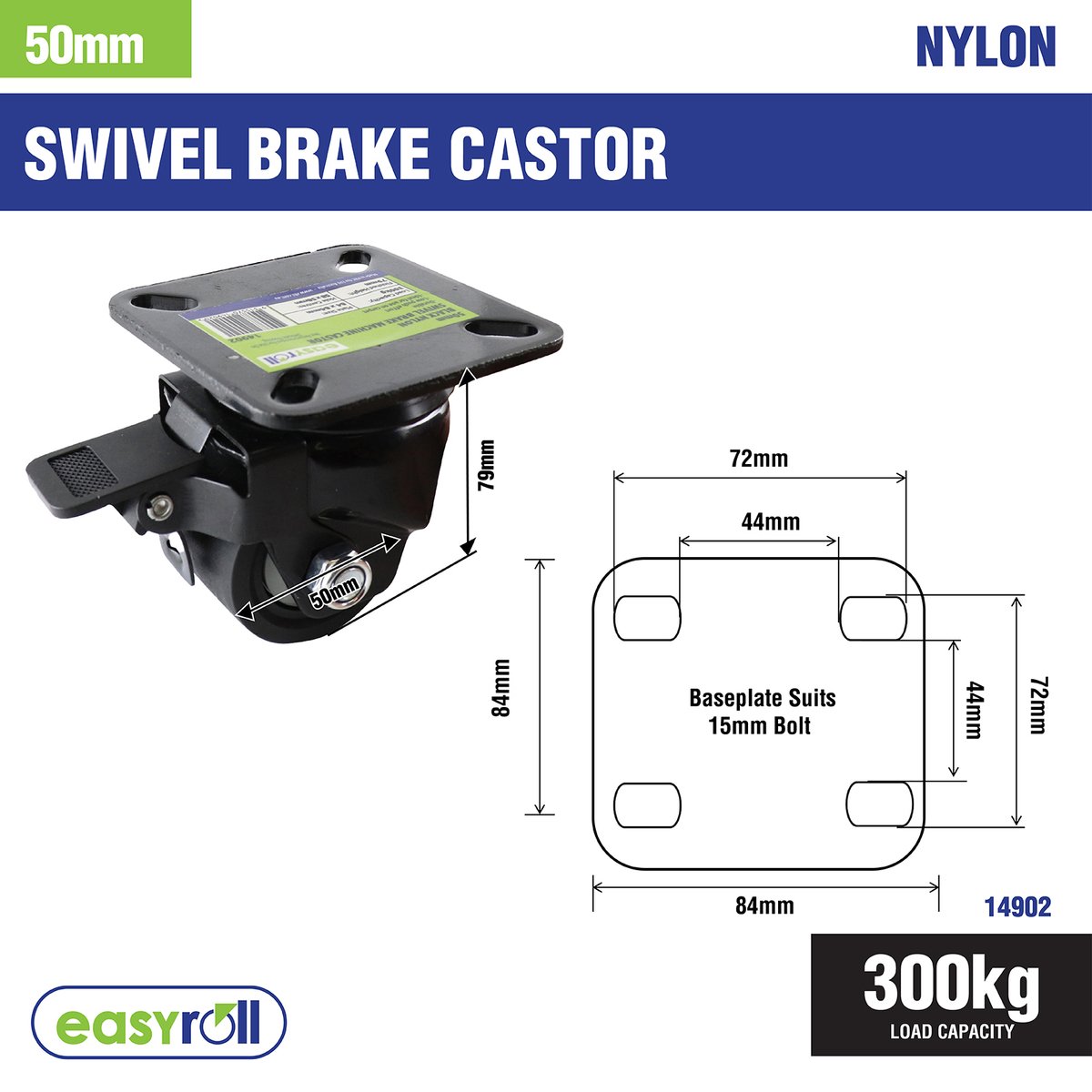 Easyroll 50mm Black Swivel Brake Castor Nylon 300kg Load Capacity