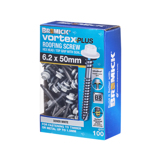 Bremick Vortex Plus Roofing Screw 6.2 x 50mm - Hex B8 - Box of 100 - Watertight - Auzzistore