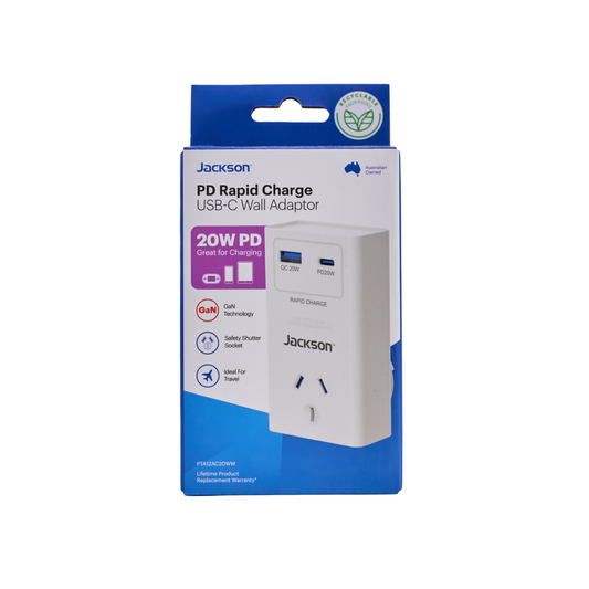 Jackson 1 Outlet Adaptor USB-C & USB-A 20W - Compact White 96mm