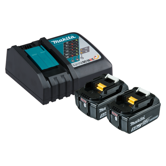 Makita Single Port Rapid Battery Charger with 2 x 5.0Ah Batteries 199179-3 - 165mm x 90mm x 340mm