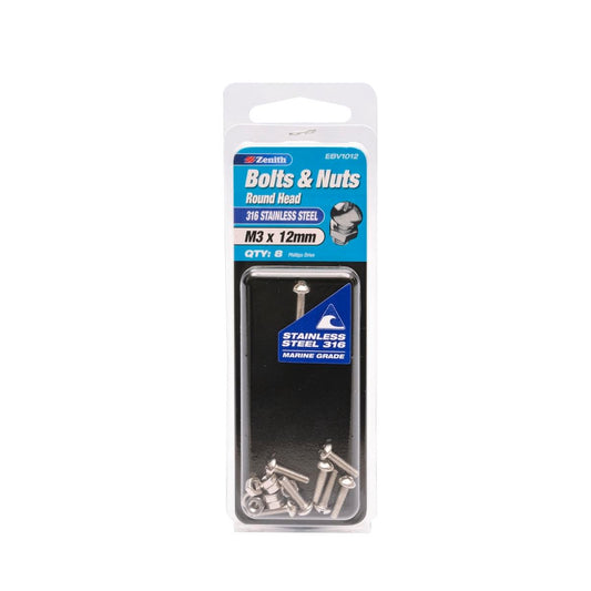 Zenith 316 Stainless Steel Round Head Bolt 12mm 8 Pack Durable - Auzzistore