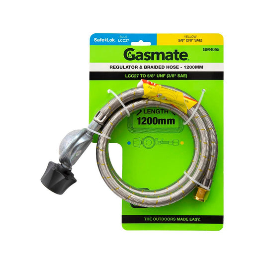 Gasmate Regulator Braided Hose 1200mm LCC27 to 5/8" UNF - Durable Connection - Auzzistore