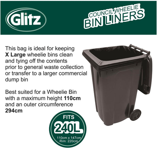 Glitz 240L Wheelie Bin Liners - 10 Pack - High-Density Polyethylene - Durable