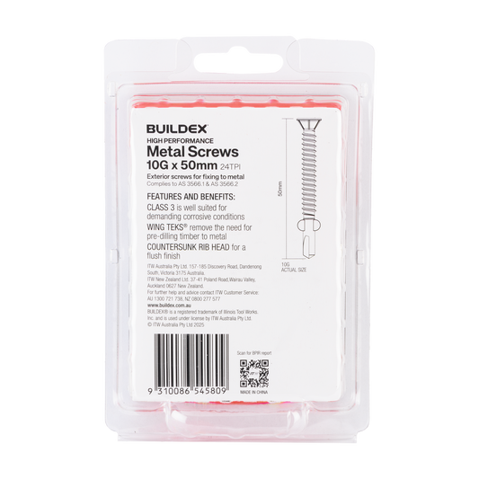 Buildex 10g x 50mm Sheet Metal Screws - Countersunk Rib Head - 50 Pack - Corrosion Resistant - Wing TEKS® Tip – view 2 - Auzzistore