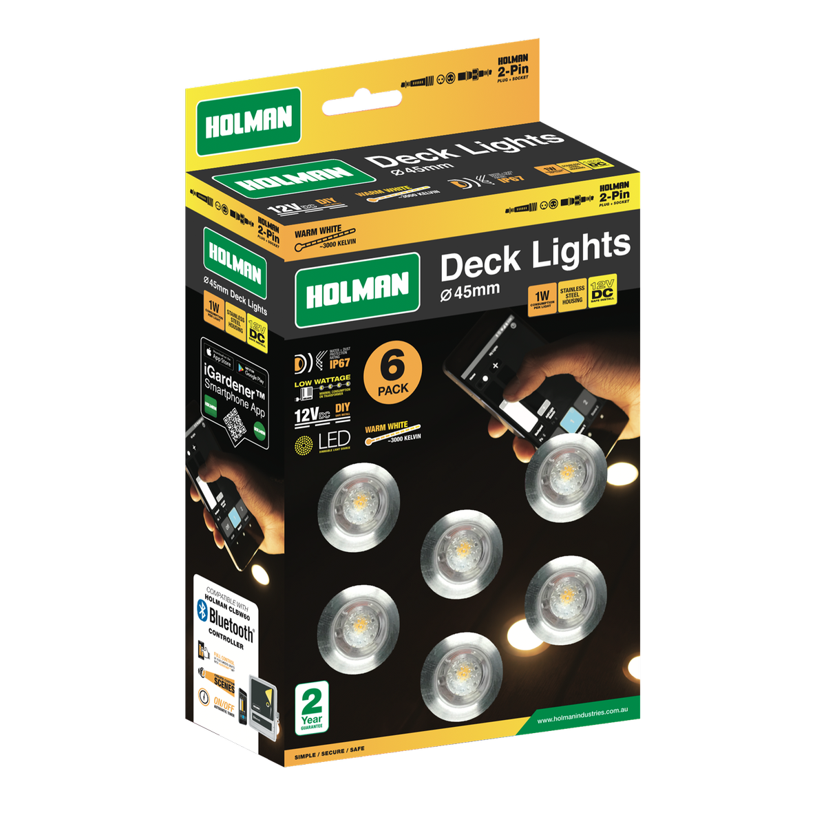 Holman 45mm Warm White Deck Light 6 Pack Stainless Steel Waterproof