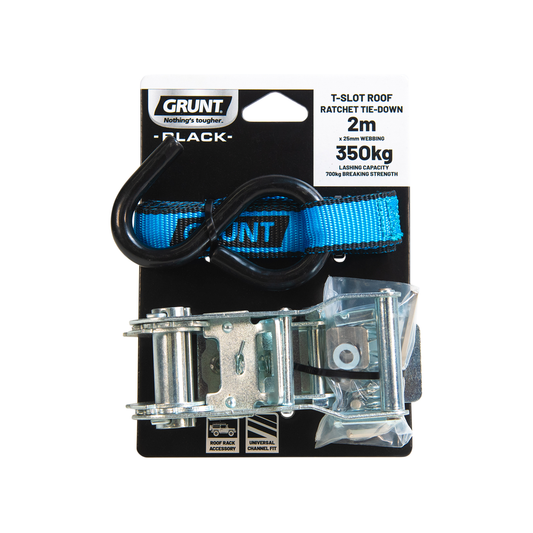 Grunt T Slot Roof Ratchet Tie Down - 25mm x 2m - 350kg Capacity - Universal Fit - Auzzistore