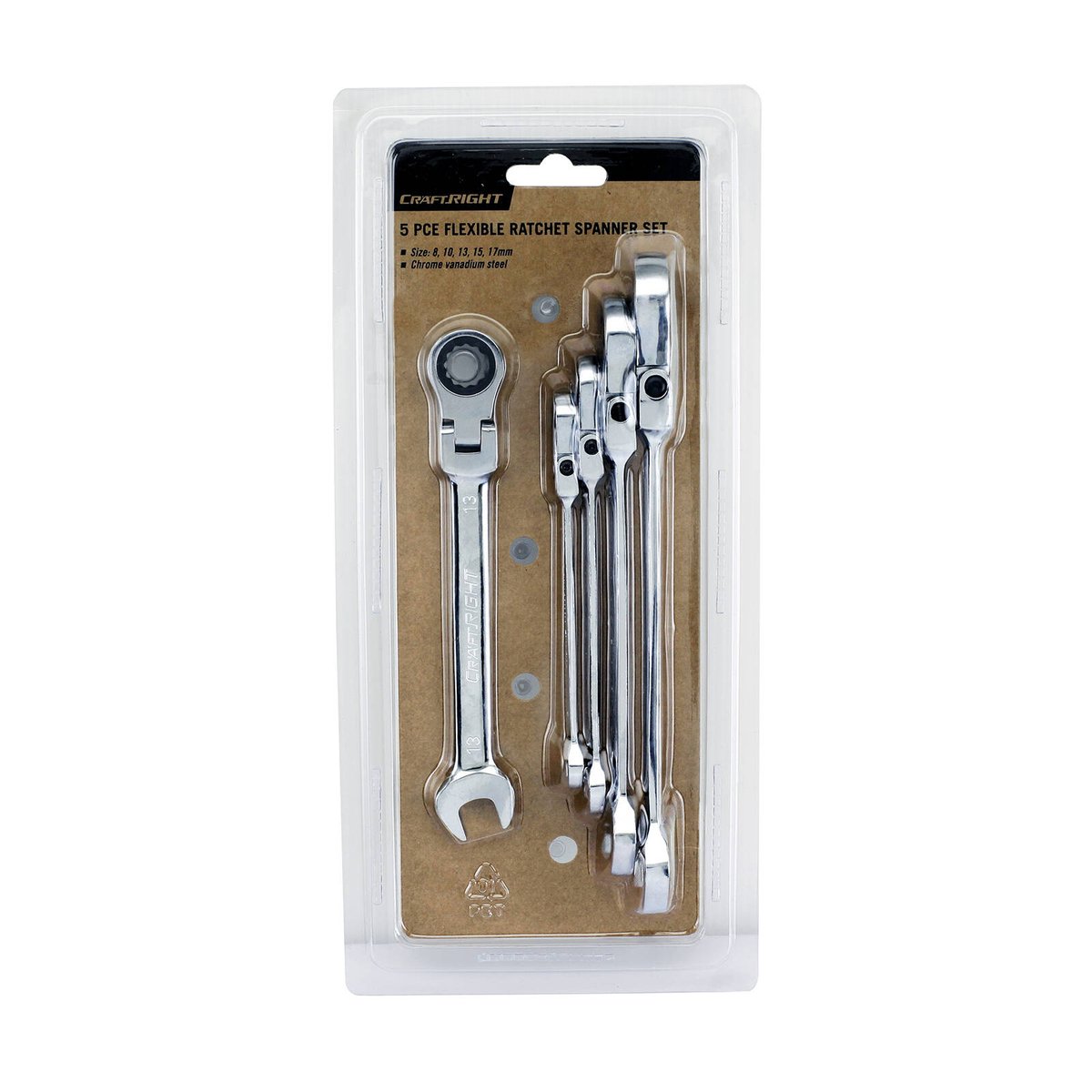 Craftright 5 Piece Flexible Ratchet Spanner Set - Steel - 8-17mm - Versatile