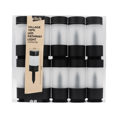 Click Village Solar LED Pathway Bollard - Pack of 10 - Black Stainless Steel - Outdoor Use