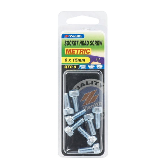 Zenith M6 Zinc Plated Socket Head Screw 8 Pack - 15mm Silver - Auzzistore